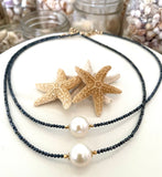 White Pearl With Hematite Or Blue Spinel Necklace